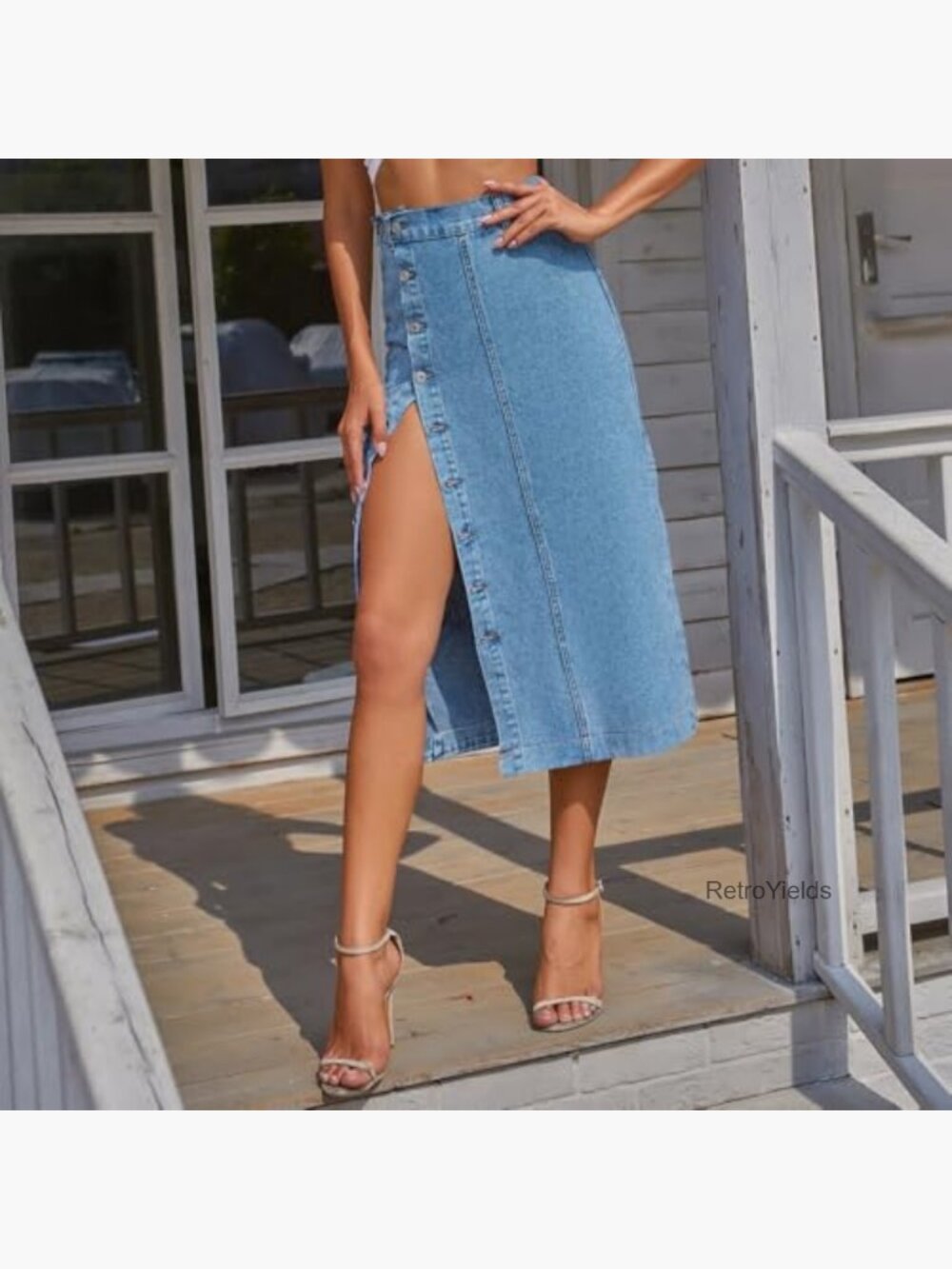 High Waisted Denim Midi Skirt Button Front Side Slit Casual - Picture 2 of 6